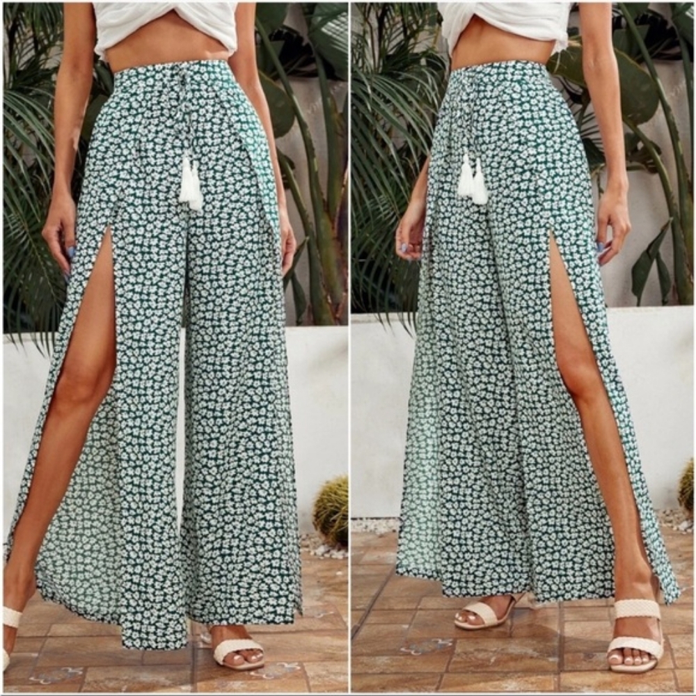 💥NEW Bohemian Green Floral Wide Leg Pants with Front Slit